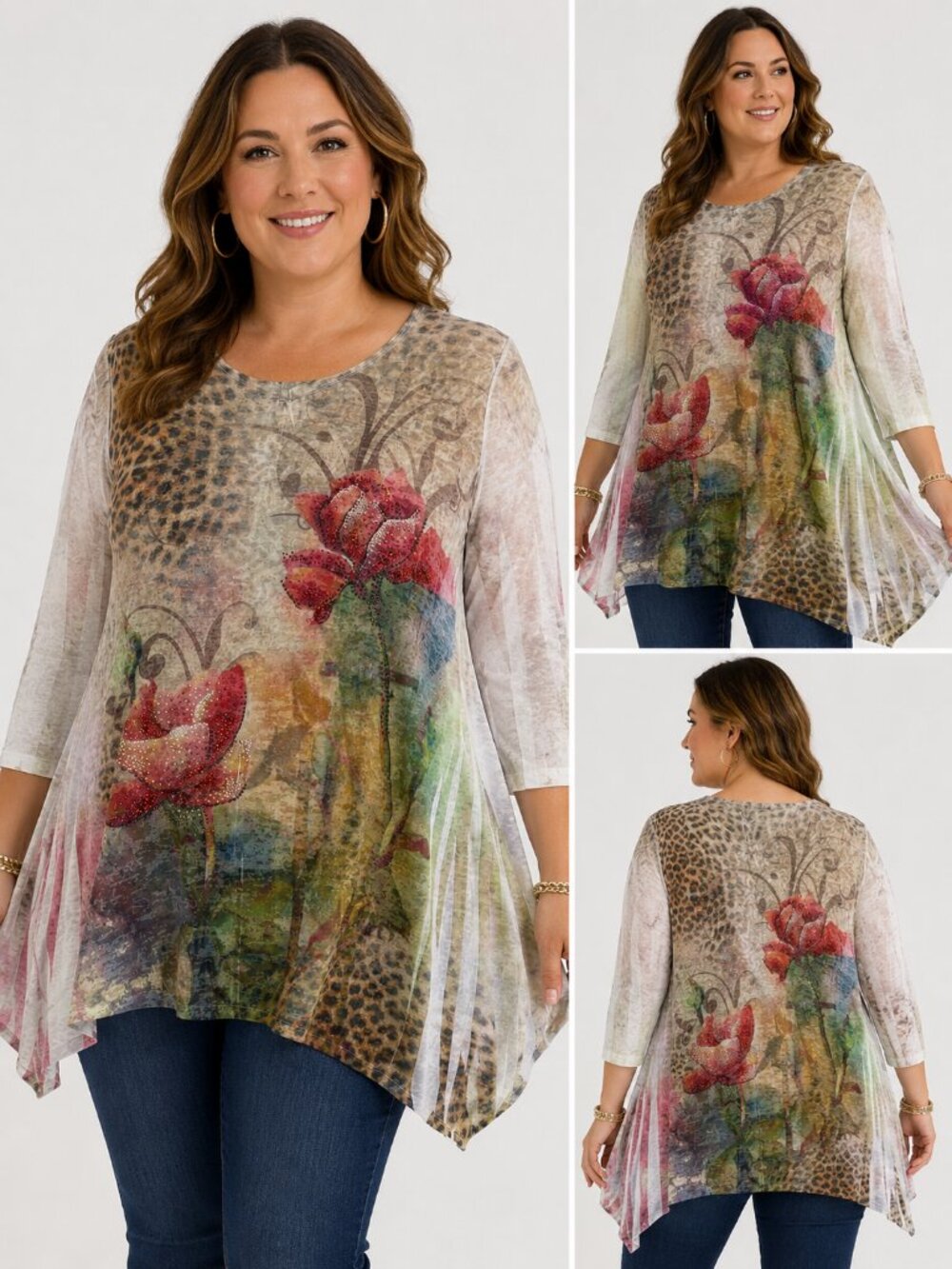 Jess & Jane L Floral Leopard Poppy Rhinestone Sheer Art Wear Tunic